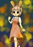  1girl absurdres animal_crossing animal_ears bangs black_eyes bracelet brown_hair coco_(animal_crossing) dress fake_animal_ears highres jewelry open_mouth orange_shirt personification rabbit_ears rabbit_girl shirt smabro0810 solo t-shirt 