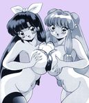  2girls bb blush bow breast_press breasts covering double_bun food hair_bow hair_buns kuonji_ukyo kuonji_ukyou large_breasts large_nipples long_hair monochrome multiple_girls naked nipples nude nude_cover onigiri open_mouth ranma_1/2 riceball shampoo_(ranma_1/2) smile symmetrical_docking yuri 