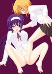  arisa_bannings barefoot feet female_footjob footjob lyrical_nanoha mahou_shoujo_lyrical_nanoha_strikers multiple_girls no_panties saki_chisuzu school_uniform tsukimura_suzuka yuri 