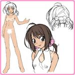  :d ahoge aoba_nanami arms_behind_back bangs bare_shoulders bikini_tan black_eyes blush border breasts brown_hair censored character_sheet cleavage_cutout close-up flat_chest from_behind hair_ornament halterneck legs long_legs looking_at_viewer minna_de_nyan_nyan navel nipples nude official_art open_mouth outstretched_arm parted_bangs shirt short_hair short_twintails simple_background sirpent sketch small_breasts smile solo standing tan tanline turtleneck twintails upper_body white_background work_in_progress 