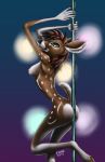  2018 5_fingers alchemy_(character) anthro breasts brown_hair butt captaintitanic cervid cervine dancing digital_media_(artwork) female green_eyes hair hi_res hooves inside lights looking_at_viewer mammal nipples nude pole pole_dancing short_tail smile solo stripper 