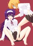  arisa_bannings barefoot feet female_footjob footjob lyrical_nanoha mahou_shoujo_lyrical_nanoha_strikers multiple_girls saki_chisuzu school_uniform tsukimura_suzuka yuri 