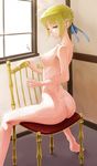  artoria_pendragon_(all) ass back blonde_hair braid breasts chair dimples_of_venus fate/stay_night fate_(series) from_behind green_eyes hair_bun hair_ribbon highres looking_back medium_breasts nipples nude rasukaru ribbon saber sitting sitting_backwards solo window 