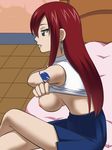  awa bed breasts earrings erza_scarlet fairy_tail female jewelry long_hair nipples no_bra red_hair shirt shirt_lift sideboob sitting skirt solo tattoo undressing 