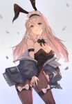  1girl animal_ears bangs blonde_hair blue_eyes blush bow bowtie breasts cleavage drone_(drone_37) fake_animal_ears highres jacket large_breasts long_hair looking_at_viewer maid_headdress original pantyhose parted_lips playboy_bunny rabbit_ears simple_background solo standing 