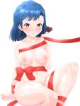  1girl :o bangs blue_hair blunt_ends blush braid breasts chocolate commentary food heart highres holding holding_food idolmaster idolmaster_million_live! knee_up looking_at_viewer medium_breasts medium_hair naked_ribbon nanao_yuriko navel nipples nora_ichigo red_ribbon ribbon shadow simple_background sitting solo valentine white_background yellow_eyes 