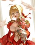  1girl :d absurdres ahoge bangs blonde_hair bouquet braid breasts cleavage dress fate/extella fate/extella_link fate/extra fate/extra_ccc fate/extra_record fate/grand_order fate_(series) flower green_eyes hair_intakes highres holding holding_bouquet large_breasts light light_particles light_smile long_hair looking_at_viewer mazinisang nero_claudius_(fate) open_mouth red_dress red_ribbon ribbon smile solo upper_body weibo_logo weibo_username 