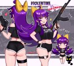  1girl absurdres ahoge ass assault_rifle black_shirt black_shorts bow breasts dual_wielding earrings english_text gun hair_bow handgun highres holding holding_gun holding_weapon jewelry kalashnikov_rifle large_breasts long_hair magazine_(weapon) micro_shorts midriff navel original pistol purple_eyes purple_hair rifle sarukaiwolf shirt short_sleeves shorts sidelocks speech_bubble submachine_gun thigh_strap violentine_(sarukaiwolf) weapon yellow_bow 