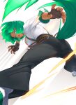  1girl absurdres akisa_(12023648) animal_ears ass belt blue_eyes breasts brown_gloves buttons cleavage dark-skinned_female dark_skin fingerless_gloves giovanna_(guilty_gear) gloves green_hair guilty_gear guilty_gear_strive highres kicking large_breasts nail_polish pants short_hair suspenders tail wolf_ears wolf_girl wolf_tail 