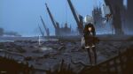  1girl anonamos artist_name back back_cutout black_dress black_hairband boots clothing_cutout dress feather-trimmed_sleeves hairband high_heel_boots high_heels highres juliet_sleeves long_sleeves nier_(series) nier_automata outdoors planted planted_sword pod_(nier_automata) puffy_sleeves robot scenery short_hair silver_hair sky sword thigh_boots thighhighs thighhighs_under_boots weapon yorha_no._2_type_b 