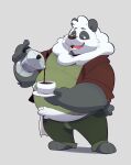  absurd_res anthro bennycartoonist beverage black_body black_nose bottomwear breeze_in_the_clouds clothing coffee container cumuli_(breeze_in_the_clouds) cup giant_panda hi_res humanoid_hands male mammal overweight overweight_male pants shirt simple_background solo topwear ursid white_body 