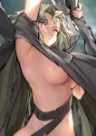  1girl arm_up breasts character_request cloak dingding_tu elden_ring grey_hair highres holding medium_breasts naked_cloak navel short_hair short_sleeves solo stomach upper_body yellow_eyes 