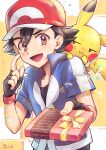  1boy :d absurdres ash_ketchum bangs baseball_cap black_gloves black_hair black_shirt brown_eyes commentary_request fingerless_gloves gift gloves hair_between_eyes happy hat highres holding holding_gift incoming_gift jacket male_focus minatoya_ringo open_mouth pikachu pokemon pokemon_(anime) pokemon_(creature) pokemon_on_back pokemon_xy_(anime) red_headwear shirt short_hair short_sleeves signature smile tongue white_day 