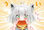  1girl ahoge animal_ear_fluff animal_ears bangs bare_shoulders blush braid burger commentary_request earrings eating eyebrows_visible_through_hair food fox_ears fox_girl gradient gradient_background green_eyes grey_hair hair_between_eyes highres holding holding_food hololive jewelry medium_hair payano_i shirakami_fubuki solo sparkling_eyes virtual_youtuber 