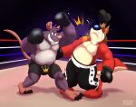  2022 absurd_res anthro belly bottomwear boxing boxing_gloves bulge canid canine canis clothing detailed_background domestic_dog duo fight fighting_ring handwear hi_res male mammal mezasalvador murid murine musclegut nipples pink_nose rat red_body rodent shorts sport 