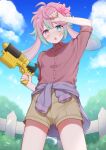  +++_(artist) 1boy :o animal_ears arm_up blue_sky blush buttons cloud commission flower green_eyes green_hair gun hair_flower hair_ornament heterochromia highres holding holding_gun holding_weapon looking_at_viewer looking_down male_focus multicolored_hair nose_blush open_mouth pink_eyes pink_hair rabbit_boy rabbit_ears shirt shorts skeb_commission sky solo water_gun weapon 