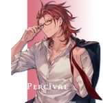  1boy adjusting_eyewear black_jacket closed_mouth collared_shirt glasses granblue_fantasy highres holding holding_clothes holding_jacket holding_necktie jacket jacket_removed looking_at_viewer male_focus minaba_hideo necktie necktie_removed official_alternate_costume official_art percival_(granblue_fantasy) red_eyes red_hair shirt short_hair smile solo upper_body white_shirt 