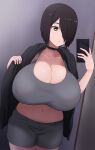  1girl areolae black_coat bob_cut breasts brown_eyes brown_hair cellphone choker cleavage closed_mouth coat gigantic_breasts hair_over_one_eye highres nao_(ritsancrossover) phone selfie short_hair shorts smartphone solo 