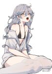  1girl :o absurdres ahoge bare_shoulders between_legs bikini black_bikini breasts grey_hair grey_shirt highres long_hair looking_at_viewer messy_hair mimelond no_pants off_shoulder open_mouth original shirt short_sleeves simple_background sitting small_breasts solo string_bikini swimsuit thighhighs thighs tongue tongue_out wariza white_background white_legwear yellow_eyes 
