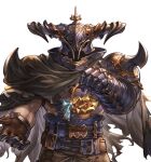  1boy armor basket belt brown_gloves cloak dark-skinned_male dark_skin draph facing_viewer gift gloves granblue_fantasy helmet horns male_focus muscular muscular_male official_art outstretched_hand pants pauldrons presenting shoulder_armor solo spiked_pauldrons torn_clothes upper_body vaseraga white_day 
