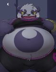  2022 alp_(tas) anhrmgzo anthro belly black_nose bottomwear bulge clothing cute_fangs giant_panda hi_res humanoid_hands kemono lifewonders male mammal moon navel night outside overweight overweight_male pants purple_body solo tokyo_afterschool_summoners underwear ursid video_games white_body 
