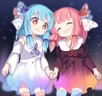  2girls aurora bangs blue_legwear blunt_bangs blush bow brown_dress closed_eyes cowboy_shot detached_sleeves dress gradient_dress hair_bow hair_ribbon highres holding_hands kotonoha_akane kotonoha_aoi long_hair multiple_girls ne_(dreamyee) night night_sky open_mouth outdoors pink_hair pink_legwear red_eyes ribbon sidelocks sky smile star_(sky) star_(symbol) star_print starry_sky thighhighs voiceroid white_dress zettai_ryouiki 