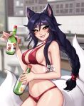  1girl ahri_(league_of_legends) alternate_costume animal_ears artist_name bangs bikini black_hair blushy-pixy bottle braid breasts commentary english_commentary facial_mark fox_ears fox_tail grin hair_between_eyes highres indoors kitchen large_breasts league_of_legends long_hair looking_at_viewer multiple_tails navel red_bikini refrigerator smile solo speech_bubble swimsuit tail teeth whisker_markings 