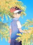  1boy ash_ketchum bangs blue_background blue_jacket blurry brown_eyes commentary green_hair hair_between_eyes hat highres jacket looking_at_viewer looking_back male_focus mei_(maysroom) parted_lips pokemon pokemon_(anime) pokemon_swsh_(anime) red_headwear shirt short_hair short_sleeves shorts sleeveless sleeveless_jacket solo t-shirt white_shirt 