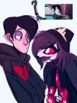  anthro avian_demon beanie black_hair blush clothed clothing crossover demon duo eye_contact female goth hair happy hat headgear headwear heart_clothing helluva_boss hoodie human looking_at_another looking_at_partner male male/female mammal smile teenager topwear unknown_artist young 