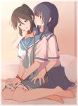  2girls animal_collar bangs barefoot bdsm bed_sheet black_hair blue_eyes blue_hair blue_neckerchief blue_sailor_collar blue_skirt blush bondage bound bound_wrists collar hand_on_another&#039;s_face hand_up hibike!_euphonium highres indoors kasaki_nozomi kitauji_high_school_uniform leash liz_to_aoi_tori long_hair looking_at_another multiple_girls neckerchief on_bed open_mouth pleated_skirt ponytail red_eyes sailor_collar sawara65 school_uniform serafuku shirt short_sleeves sitting skirt smile white_shirt yokozuwari yoroizuka_mizore yuri 