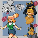  animal_crossing animal_humanoid ankha_(animal_crossing) anthro anthrofied big_breasts blue_hair blush breasts canid canine canis clothed clothing digital_media_(artwork) domestic_cat domestic_dog duo egyptian feet felid feline felis female female/female fingers fur hair hi_res humanoid isabelle_(animal_crossing) kiss_the_carrot mammal nintendo open_mouth simple_background smile text toes video_games yellow_body yellow_fur 