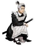  1boy absurdres apron black_eyes black_footwear crossdressing facial_hair full_body high_ponytail highres katana maid_apron maid_headdress male_focus mary_janes multicolored_hair one_knee pantyhose parody parted_lips scar scar_on_face sekiro sekiro:_shadows_die_twice shoes simple_background solo ssanghwa_tang1 stubble sword two-tone_hair weapon white_apron white_background white_hair white_legwear 
