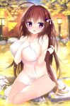  1girl ahoge bangs blurry blurry_background blush breasts brown_hair character_request cleavage collarbone commentary_request copyright_request covered_navel covering depth_of_field eyebrows_visible_through_hair fang ginkgo_leaf hair_between_eyes hair_ornament hand_on_own_chest holding holding_hair holding_towel huge_ahoge huge_breasts leaf long_hair looking_at_viewer naked_towel night nude nude_cover onsen open_mouth outdoors purple_eyes ripples rock shiromochi_sakura sitting soaking_feet solo steam sunset towel very_long_hair water water_drop wet yellow_theme 