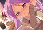  1girl alternate_costume balcony bangs blurry blurry_background blush bowl breath city_lights close-up cracker eyebrows_visible_through_hair food frills hair_ribbon half-closed_eyes hiiragi_kagami hood hood_down hotaru_iori ichimi_renge incoming_kiss long_hair looking_at_viewer lucky_star new_year night pov puckered_lips purple_eyes red_ribbon ribbon sitting smile solo steam twintails window 