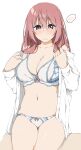  1girl bra breasts cleavage commentary_request curvy hinata_masaki inui_shinju large_breasts long_hair navel open_clothes open_shirt panties pink_hair purple_eyes red_hair sitting solo sono_bisque_doll_wa_koi_wo_suru spoken_blush underwear undressing white_background 