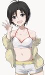  :d antenna_hair bikini black_eyes black_hair breasts cleavage hair_between_eyes highres idolmaster idolmaster_(classic) idolmaster_2 jacket kikuchi_makoto long_sleeves midriff mogskg navel off_shoulder open_mouth short_hair shorts simple_background smile swimsuit thong upper_body waving white_background 