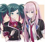  2girls blue_eyes blush_stickers eating food food_on_face fork green_hair hatsune_miku headphones highres holding holding_fork long_hair megurine_luka multicolored_hair multiple_girls necktie paperclip paperclip_hair_ornament peng_vmd pink_hair project_sekai ribbon school_uniform smile twintails vocaloid 