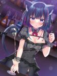  1girl alcohol animal_ear_fluff animal_ears black_dress blue_hair breasts cat_ears cat_tail cleavage collarbone copyright_request cup dress drinking_glass eyebrows_visible_through_hair holding holding_with_tail komiya_hitoma looking_at_viewer medium_hair pouring prehensile_tail purple_eyes solo spoon tail tail_ornament thighhighs wine_glass 