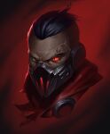  1boy absurdres alternate_costume black_hair cropped_head hair_slicked_back highres kong_ling_hai league_of_legends male_focus mask mouth_mask no_pupils red_background red_eyes shiny shiny_hair short_hair singed solo 