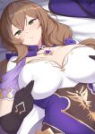  1girl absurdres breast_poke breast_press breasts brown_hair capelet cleavage eyebrows_visible_through_hair flower genshin_impact gloves green_eyes highres jewelry kaos_art large_breasts lisa_(genshin_impact) long_hair looking_at_viewer lying necklace nipple_press on_back on_bed poking purple_capelet purple_flower purple_rose rose seductive_smile self_fondle smile watermark witch 