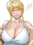  1girl absurdres artoria_pendragon_(fate) artoria_pendragon_(lancer)_(fate) bangs bare_shoulders blonde_hair blush braid breasts cleavage collarbone dress fate/grand_order fate_(series) french_braid green_eyes hair_between_eyes highres large_breasts long_hair looking_at_viewer love-saber sidelocks smile solo white_dress 