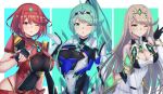  3girls ;o armor blonde_hair blowing_kiss breasts cleavage elbow_gloves fingerless_gloves gloves green_eyes green_hair hair_ornament hairband highres hip_vent large_breasts latte long_hair multiple_girls mythra_(xenoblade) one_eye_closed pauldrons pneuma_(xenoblade) ponytail pyra_(xenoblade) red_eyes red_hair short_hair shoulder_armor xenoblade_chronicles_(series) xenoblade_chronicles_2 yellow_eyes 