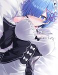  1girl bangs black_bow blue_eyes blue_hair blush bow breasts detached_sleeves dress eyebrows_visible_through_hair frills hair_ornament hair_over_one_eye highres kuhotaka large_breasts long_sleeves looking_at_viewer lying maid on_back one_eye_covered re:zero_kara_hajimeru_isekai_seikatsu rem_(re:zero) ribbon ribbon-trimmed_dress roswaal_mansion_maid_uniform short_hair solo white_bow x_hair_ornament 