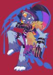  :d claws clothed_pokemon commentary_request fangs highres hood hood_up kamota_(momokomati) leg_up open_mouth pokemon pokemon_(creature) purple_eyes smile sneasler solo tongue 