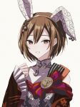 1girl alternate_costume animal_ears brown_eyes brown_hair dress frilled_sleeves frills hair_ornament hand_up highres meiko peng_vmd project_sekai rabbit_ears ribbon short_hair smile solo vocaloid white_background 