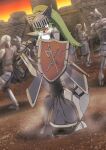  1girl animal_nose armor armored_boots bangs battle blurry blurry_background blush body_fur boots breastplate breath castle commentary_request constricted_pupils dutch_angle embarrassed fangs faulds full_armor full_body fur_collar furry furry_female gauntlets gloves gradient_sky green_eyes green_hair grey_footwear grey_gloves hair_over_one_eye highres holding holding_shield holding_sword holding_weapon knees_together_feet_apart long_hair looking_at_viewer matatabi_shimono nose_blush one_eye_covered open_mouth orange_sky original outdoors pee peeing peeing_self pelvic_curtain people ponytail puddle sheath shield shiny shiny_hair shoulder_armor sidelocks sky solo_focus standing steam sunset swept_bangs sword tail tears teeth weapon wet wet_clothes white_fur wolf_girl wolf_tail 