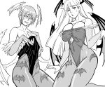  2girls absurdres bat_wings bb_(baalbuddy) blush breasts collarbone cosplay costume_switch elbow_gloves gloves greyscale head_wings highleg highleg_leotard highres hime_cut large_breasts leotard lilith_aensland long_hair monochrome morrigan_aensland multiple_girls pantyhose revealing_clothes short_hair simple_background small_breasts vampire_(game) white_background wings 