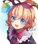  1girl bangs blonde_hair blue_eyes blush bow eyebrows_visible_through_hair frilled_shirt_collar frills hair_ribbon highres looking_at_viewer medicine_melancholy meimei_(meimei89008309) open_mouth puffy_short_sleeves puffy_sleeves red_neckwear ribbon short_hair short_sleeves simple_background smile solo touhou 