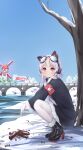  1girl absurdres armband azur_lane blush bridge cat_ear_headphones chang_chun_(azur_lane) firewood goggles goggles_on_head headphones highres long_hair looking_at_viewer meng_mian pantyhose retrofit_(azur_lane) shoes silver_hair sitting snow tree windmill 