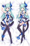  1girl armpits bed bed_sheet blue_eyes blue_hair closed_mouth dakimakura_(medium) dress from_above full_body highres honkai_(series) honkai_impact_3rd horns liliya_olenyeva long_hair looking_at_viewer lying meng_lea multiple_views on_back open_mouth single_horn sleeveless sleeveless_dress tail thighhighs white_dress 